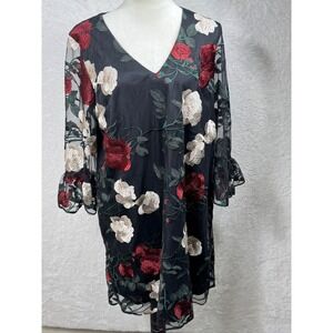 ICE‎ Floral Embroidered Sheer Bell Sleeve Dress Sz 12 Dark Fairy Whimsigoth